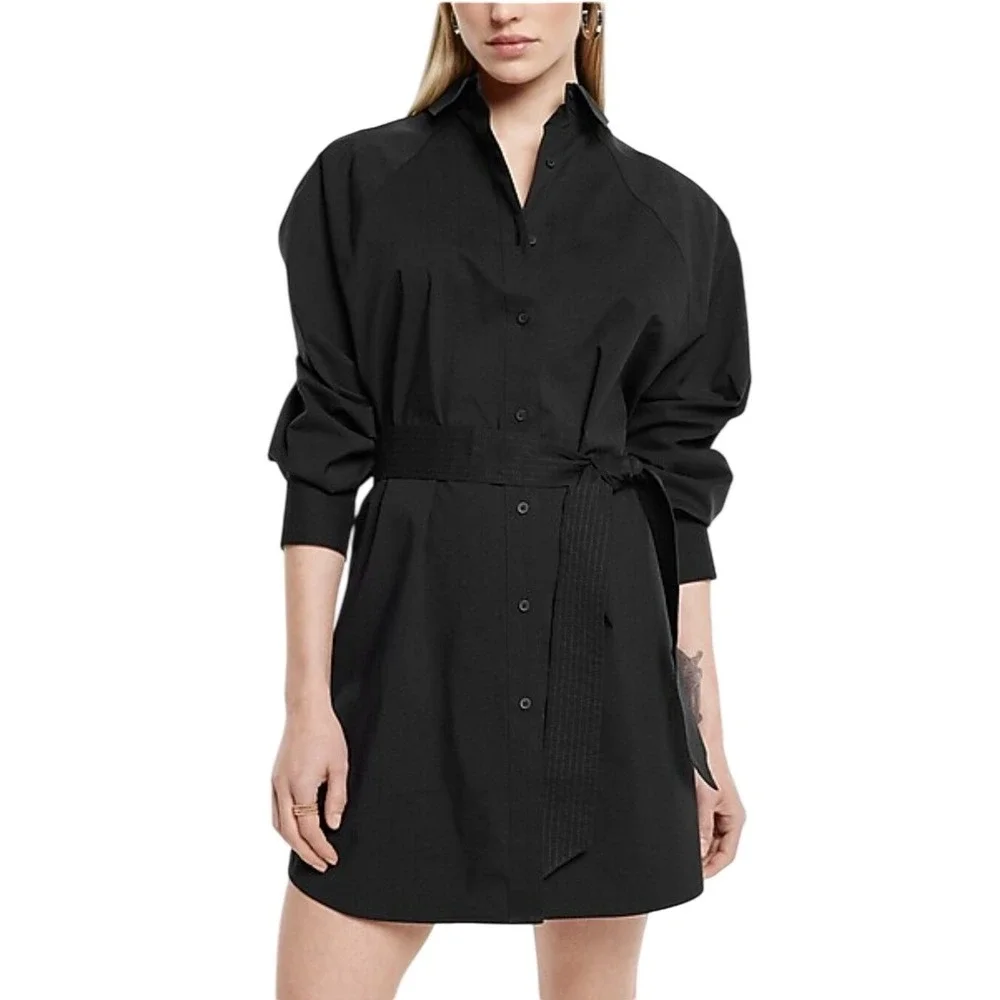 Express NWT Portofino Shirt Dress Black Long Sleeve Tie Waist Mini Size Small